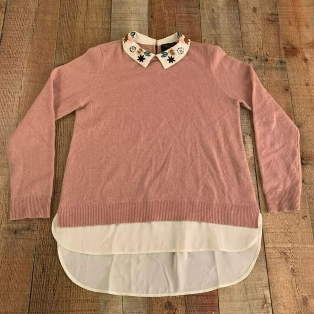 Charter club cashmere luxury women’s sweater with embroidered floral collar -S